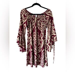 Scrap-Work Red Bohemian Dress with Drop Bell Sleeves